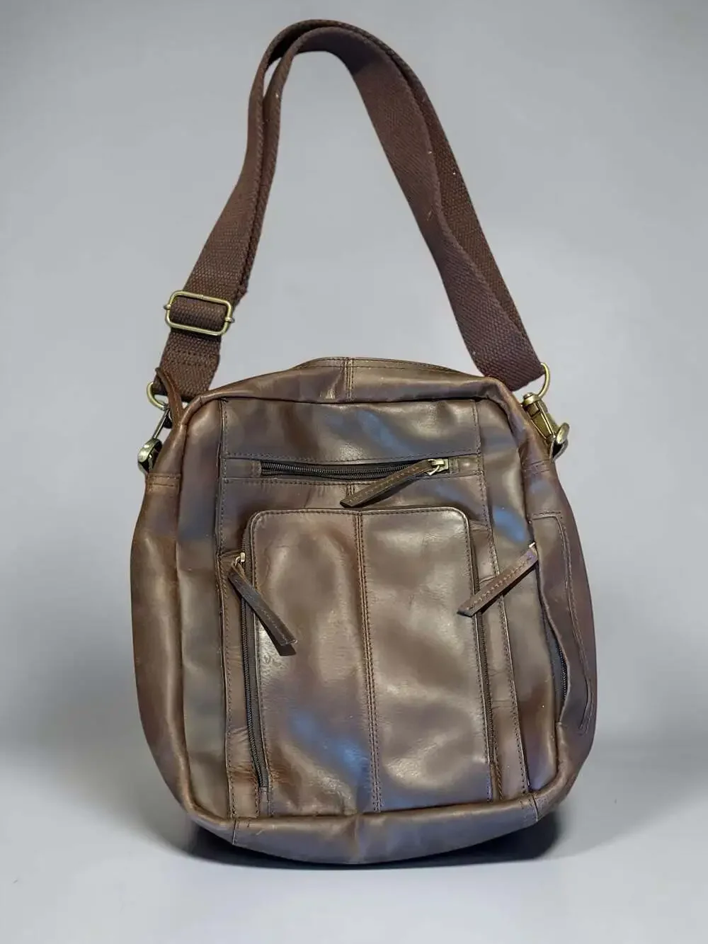 Mens Genuine Leather Multi-Zipper Pocket Crossbody Shoulder Bag